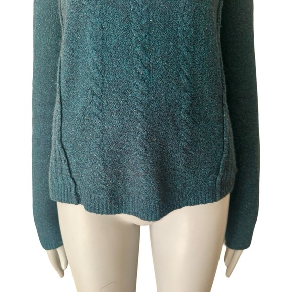 FREE PEOPLE Teal Blue Cable Knit Sweater Mock Neck Wool Blend Soft Size S - Picture 10 of 16